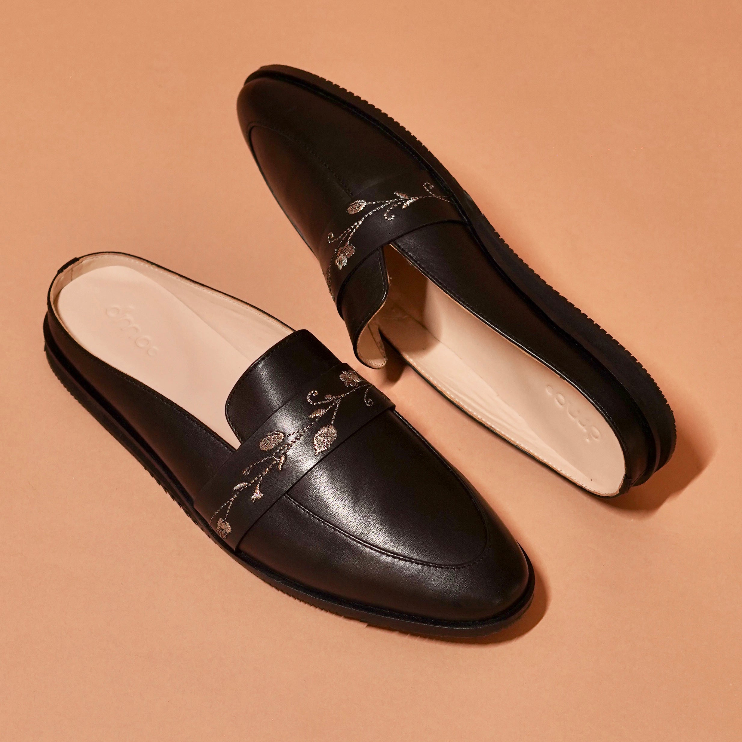 Top view of Hoffler Ricamo Nero highlighting almond toe and slip-on silhouette