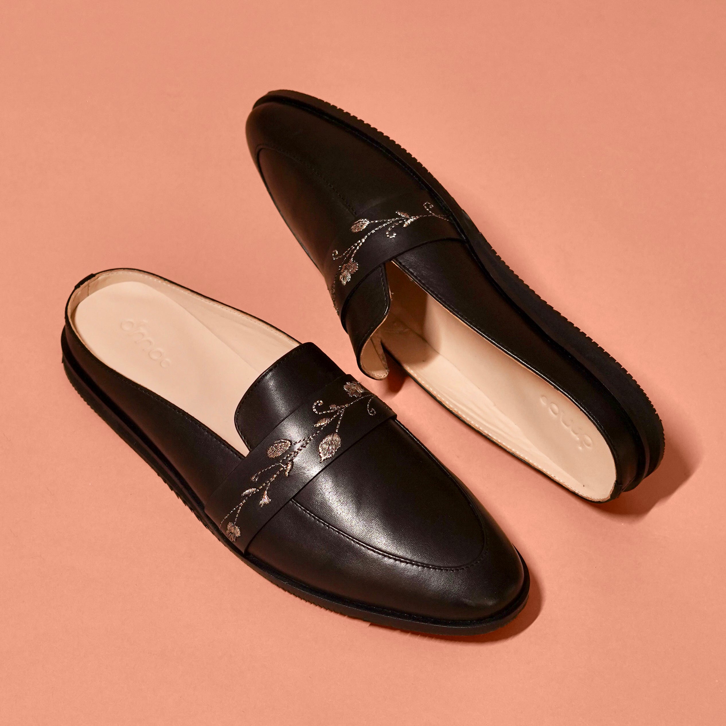 Hoffler Ricamo Nero | Black embroidered leather mules
