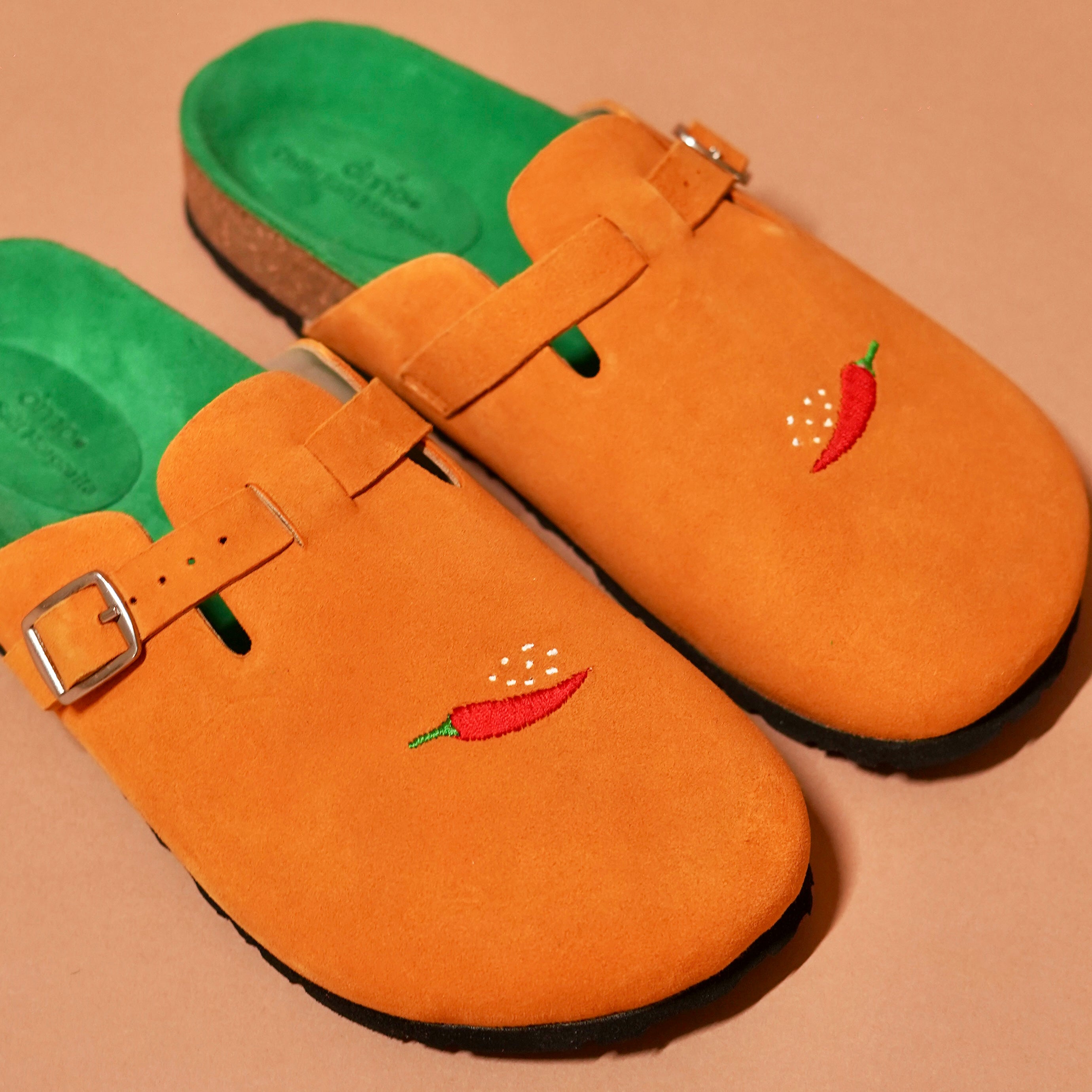 Close-up of chilli stitch detail on Tangerine Mule vamp