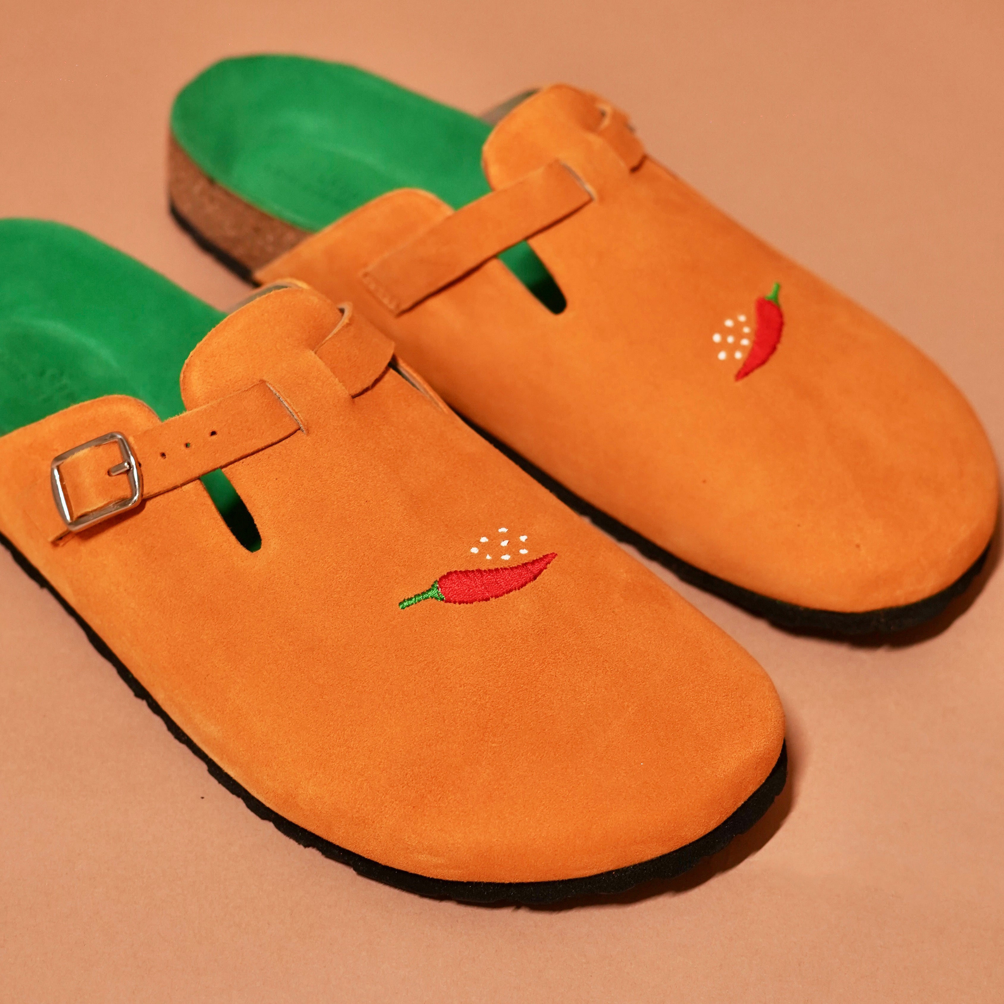 Close-up of chilli stitch detail on Tangerine Mule vamp