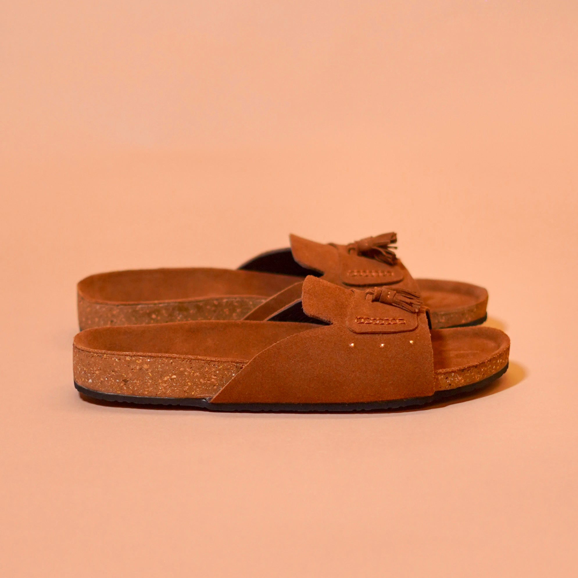 Cork footbed tassel sliders