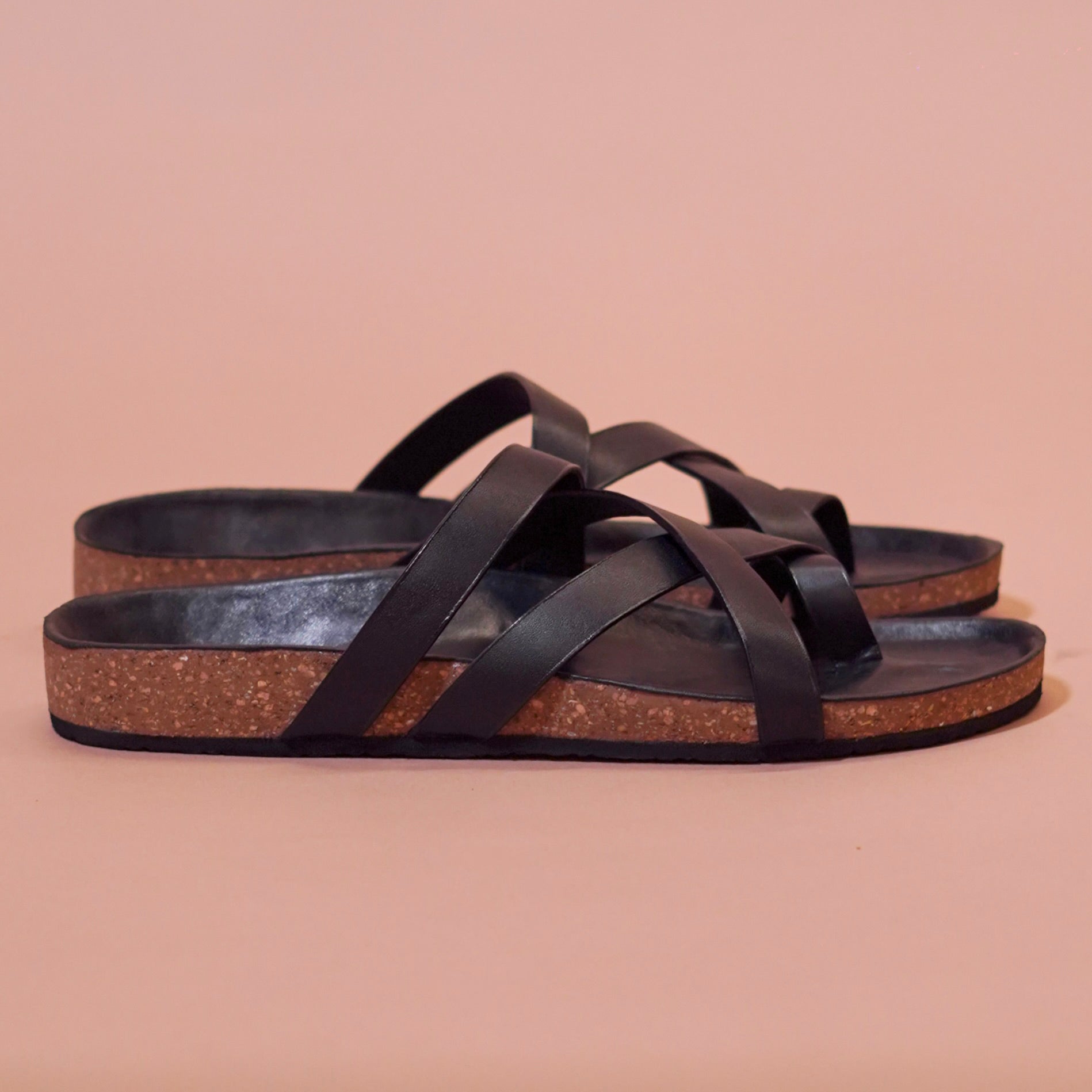 Pelle Corko Americano | Black Leather Cork Chappals