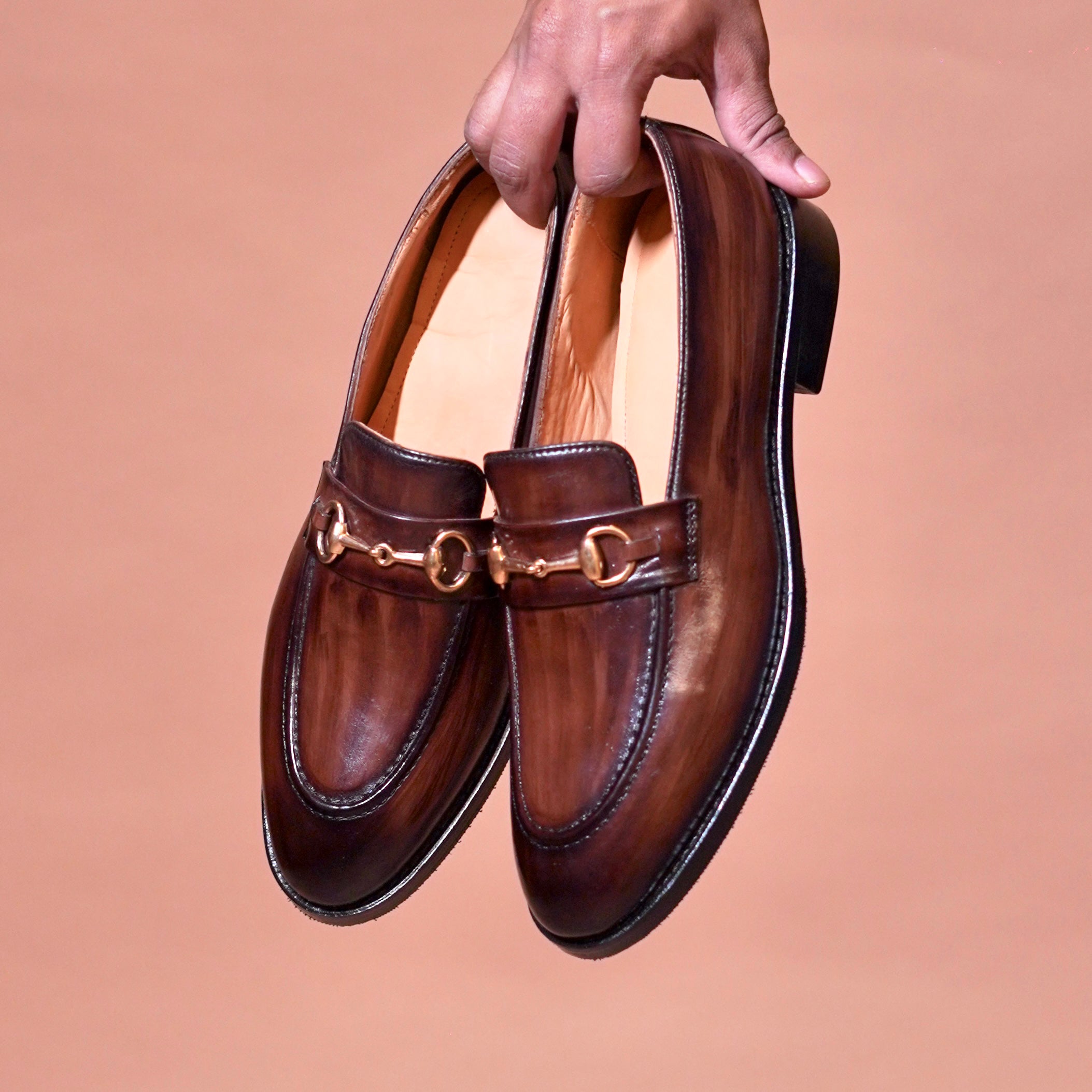 Bruno Oro brown hand-painted leather loafer for men – top view