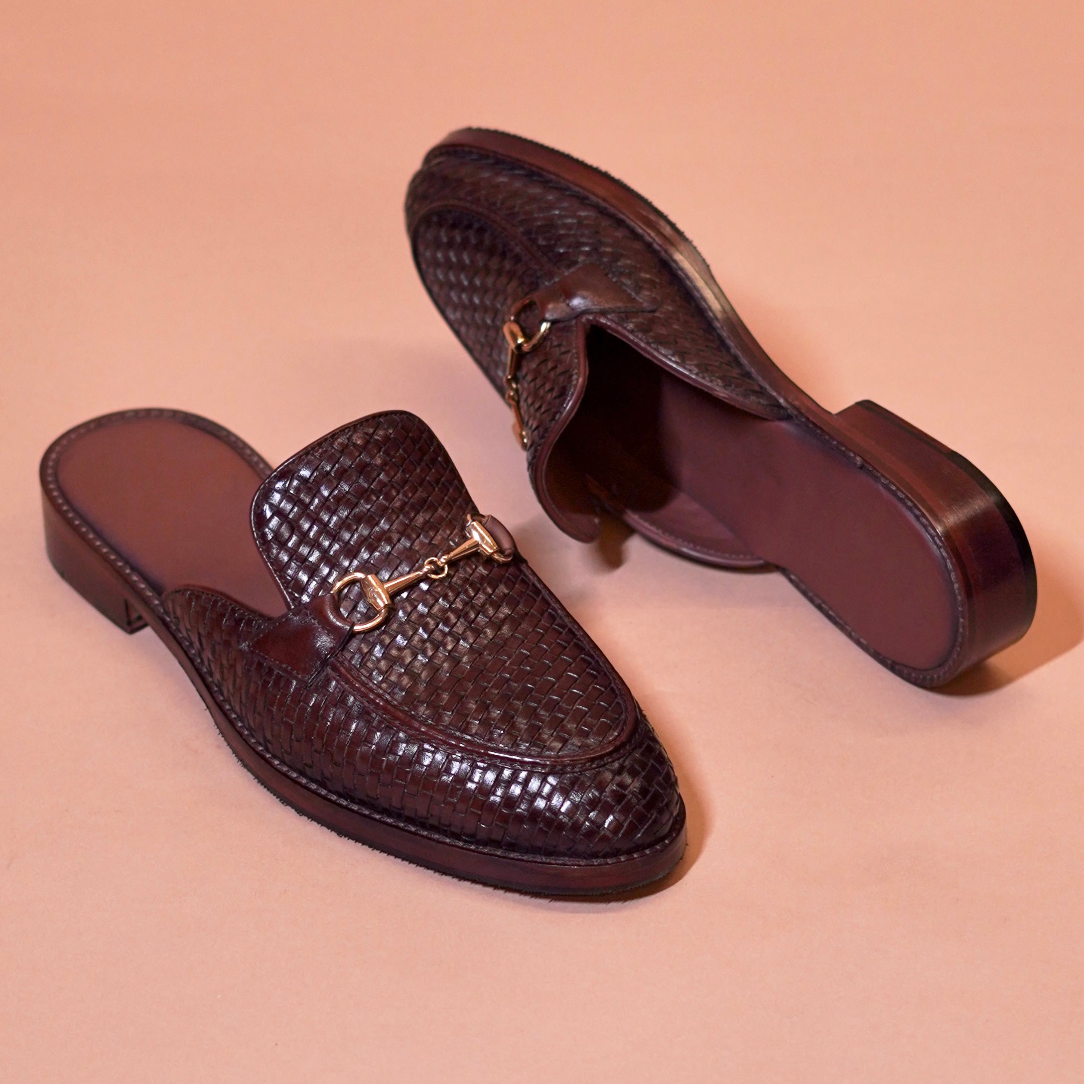 Hoffler Tesso Moro dark brown woven leather mule for men – top view
