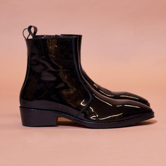 Sprazzo Nero Lucido glossy black ankle boots with side zip – side view