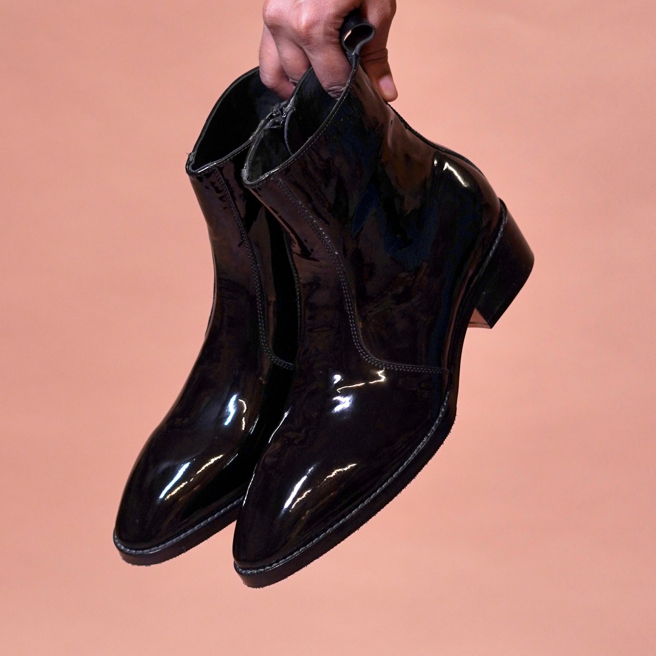 Sprazzo Nero Lucido black patent leather formal boots for men – pair view