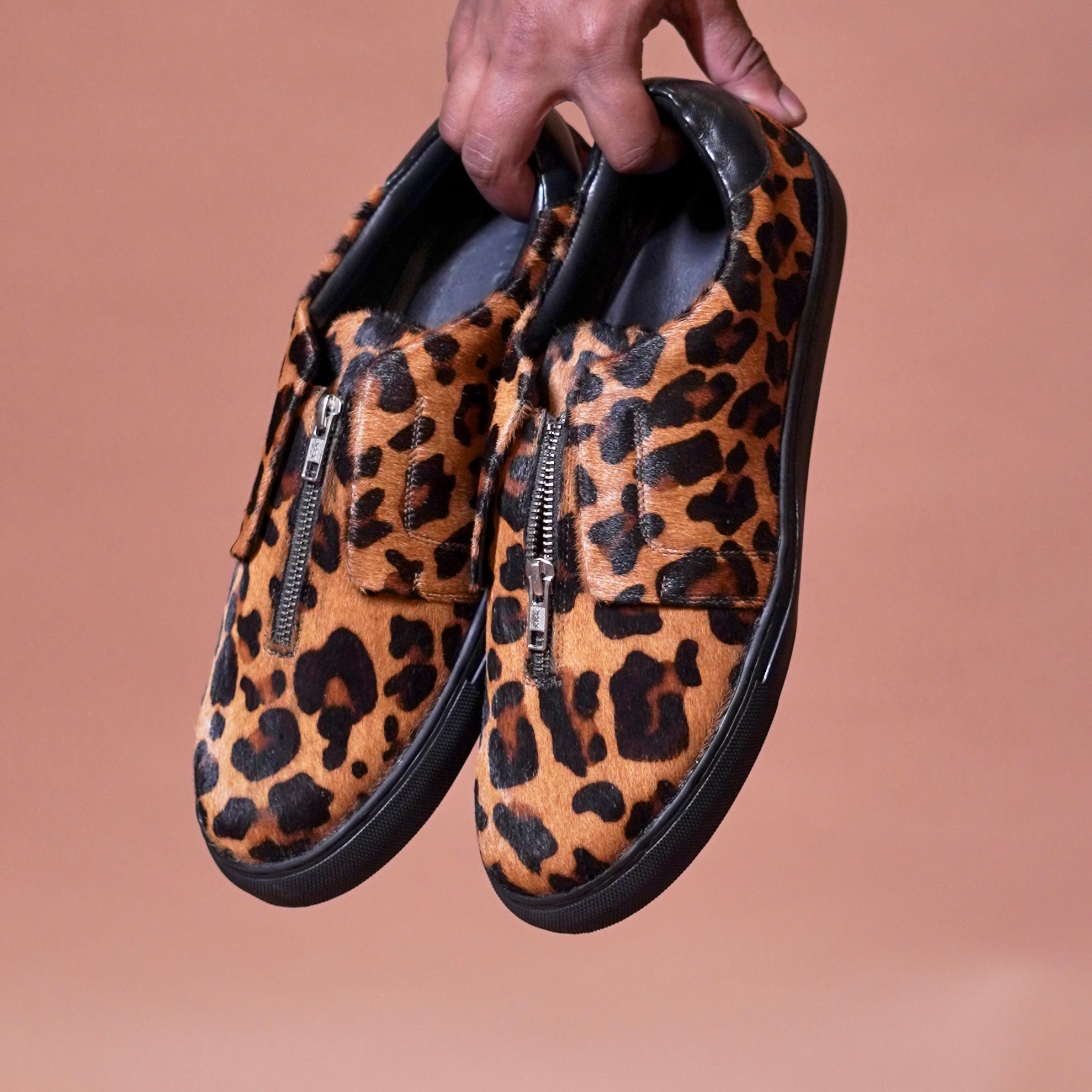 Pigro Leopardo Nero | Leopard Print Hair-On Leather Zip Shoes