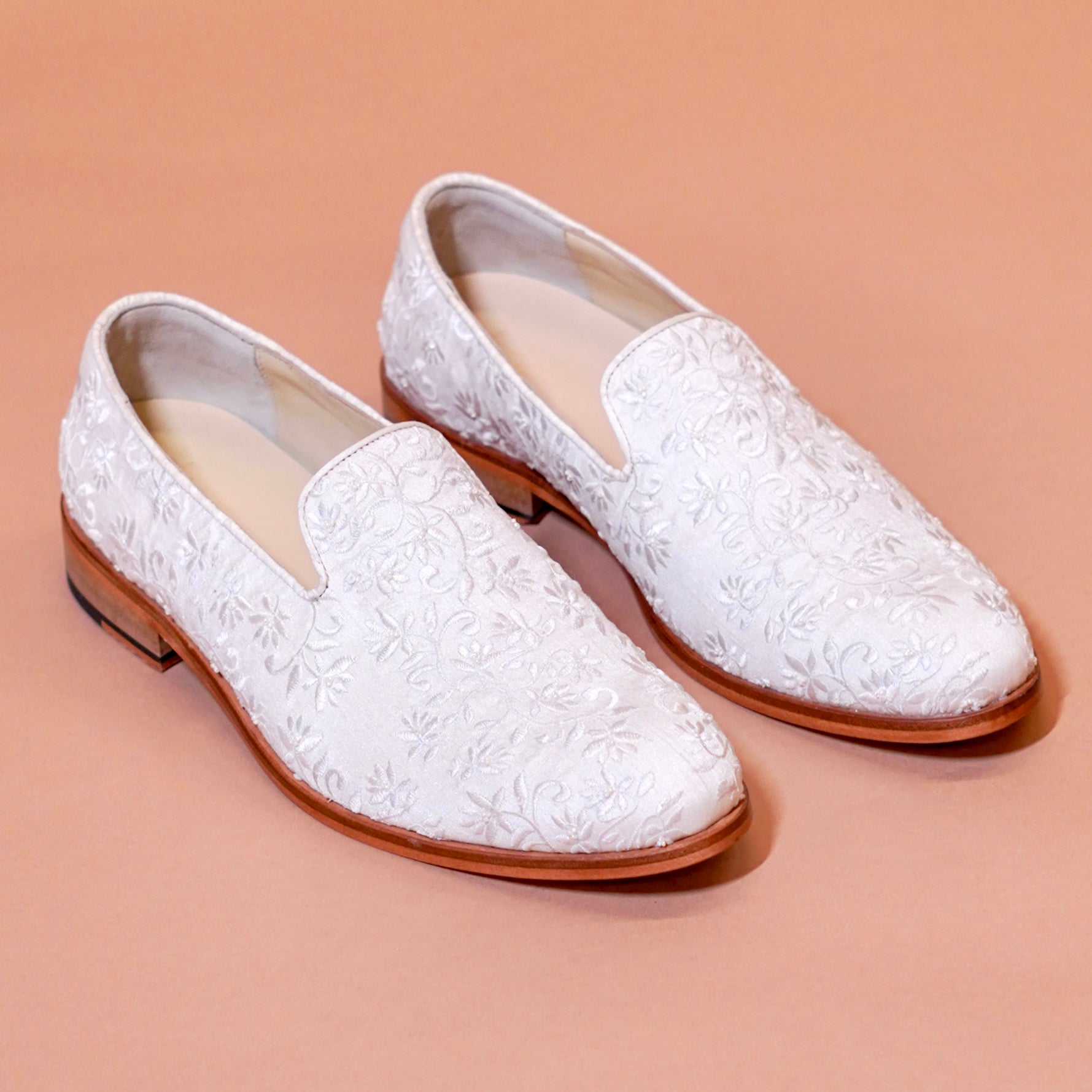 Ricamo Rosa powder pink embroidered loafer styled for Indian wedding occasions