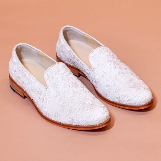 Ricamo Rosa powder pink embroidered loafer styled for Indian wedding occasions