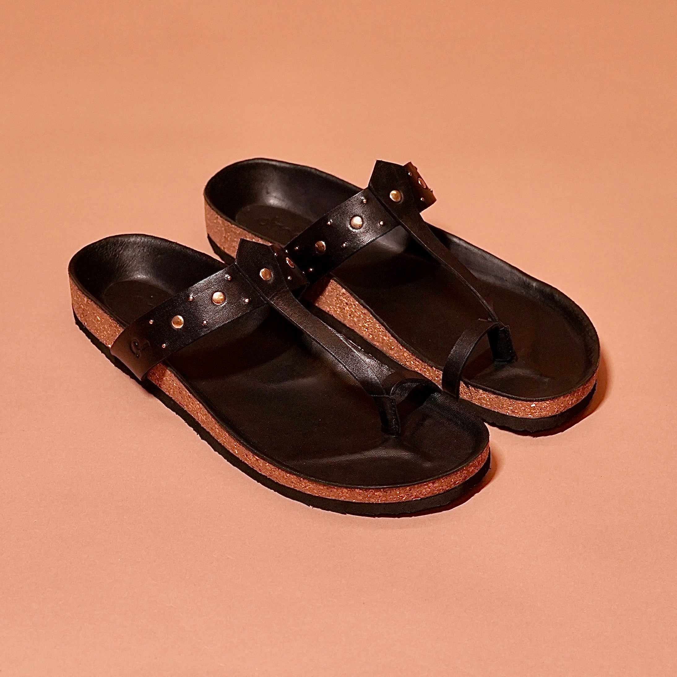 Pelle Corko Riveto slider sandal with cork sole and black leather straps