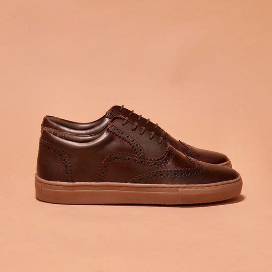 Side view of Fresco Marrone showcasing the dark chocolate brown finish and cup sole.