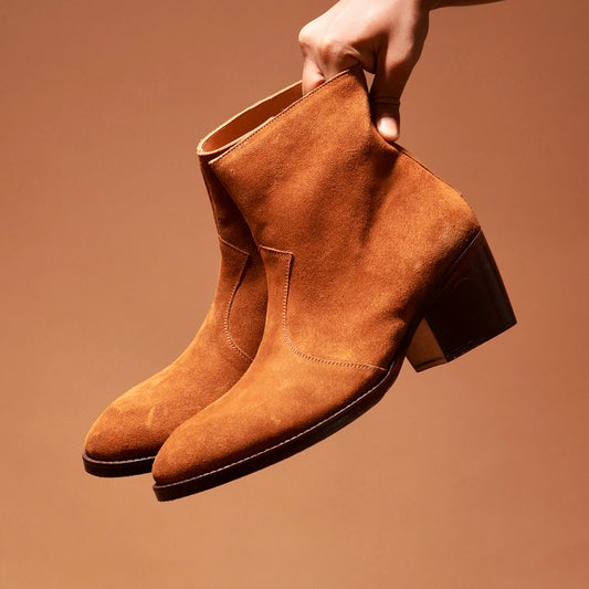 Sprazzo Tobacco Alto suede high heel boots with three-inch heel by dmodot.