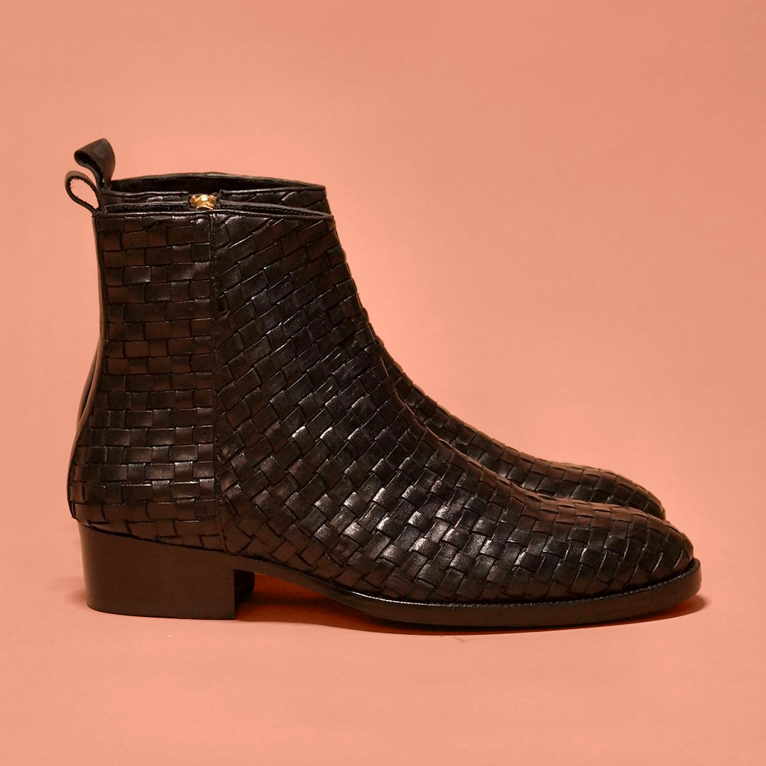 Sprazzo Tesso Nero | Black handwoven leather boots