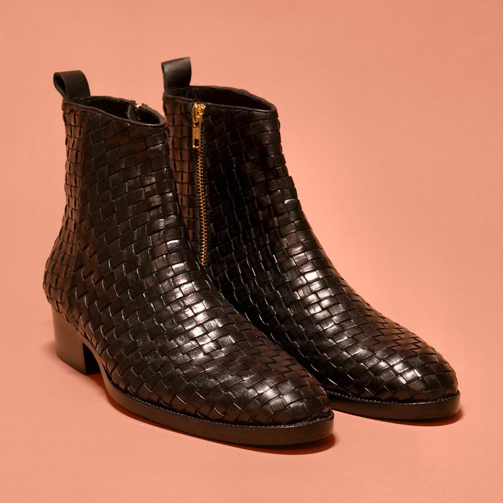 Sprazzo Tesso Nero | Black handwoven leather boots