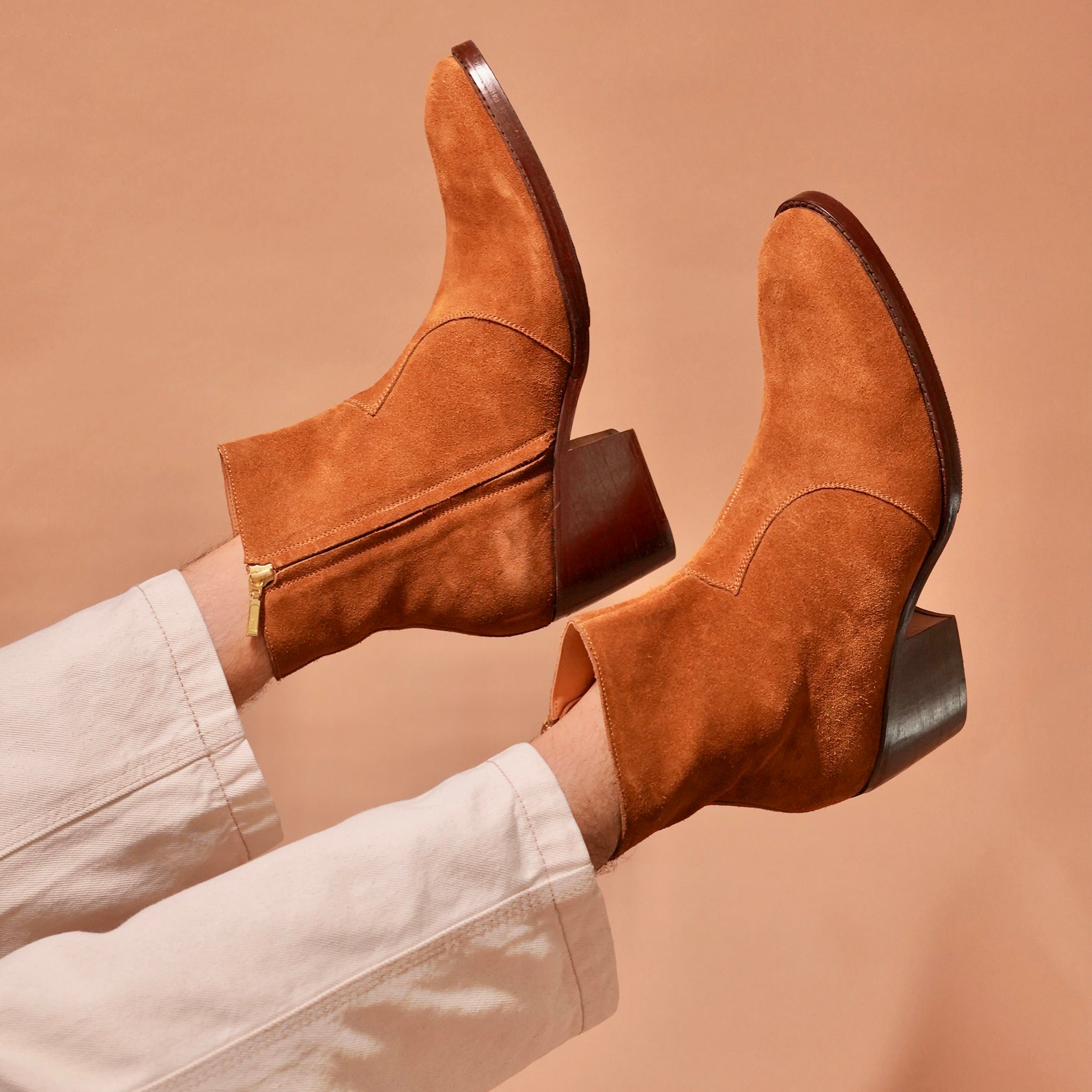 Detailed craftsmanship of Sprazzo Tobacco Alto suede high heel boots.