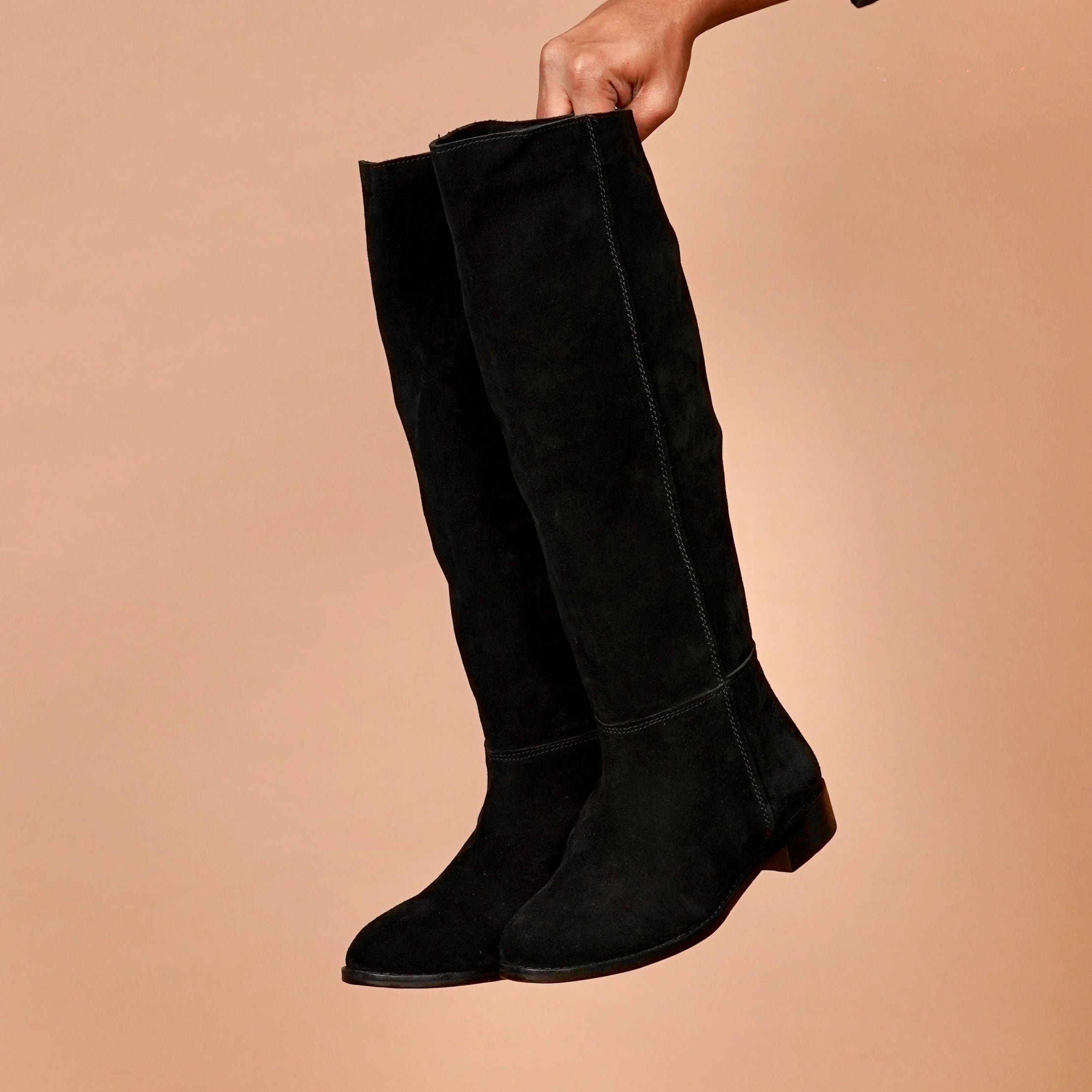 Black knee-length suede boots for women