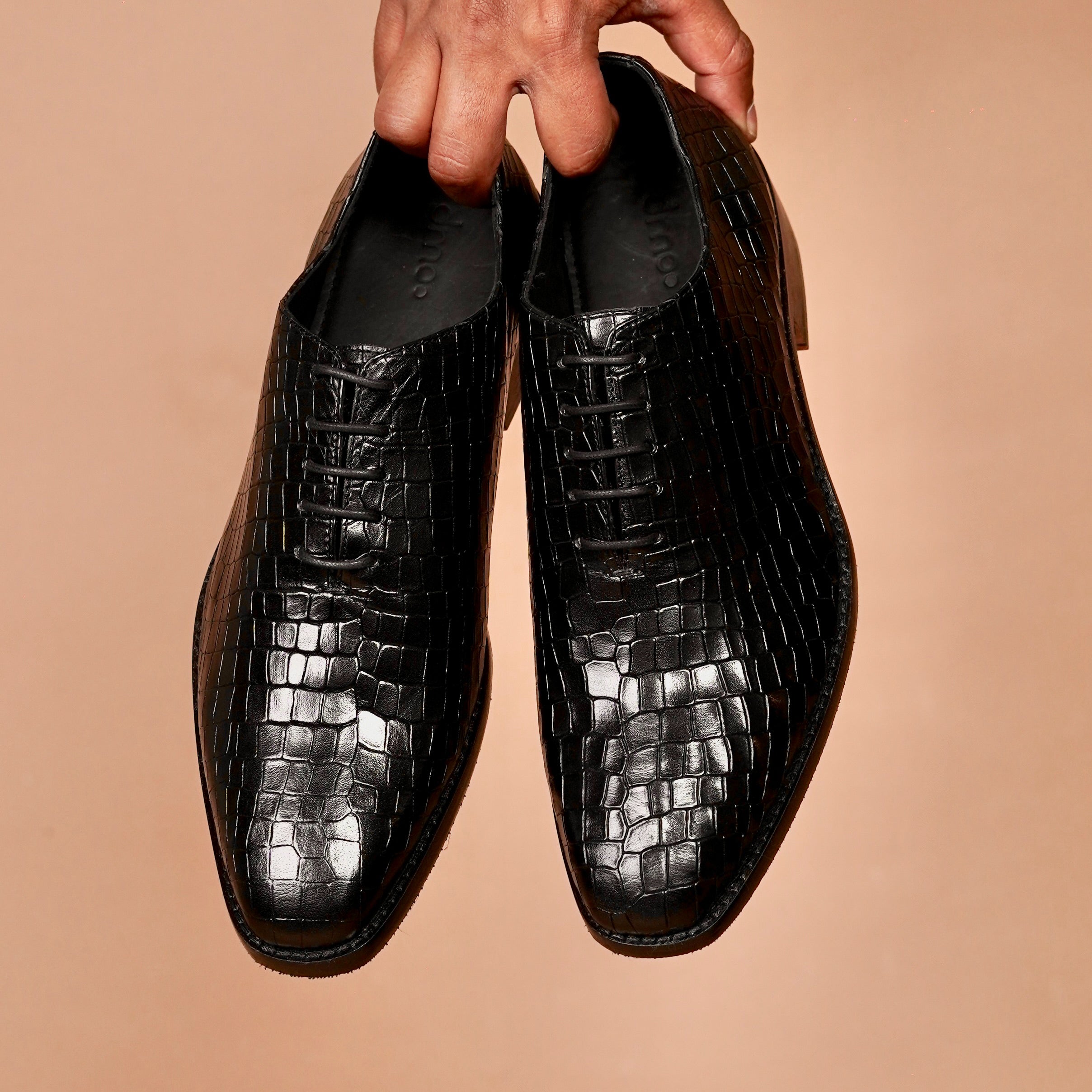 Top view of Caro Croco black leather Oxford with croc embossing