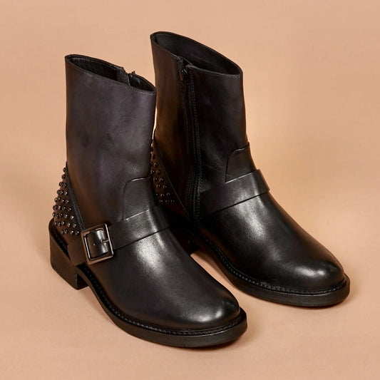 Women's studded grey-black leather boots