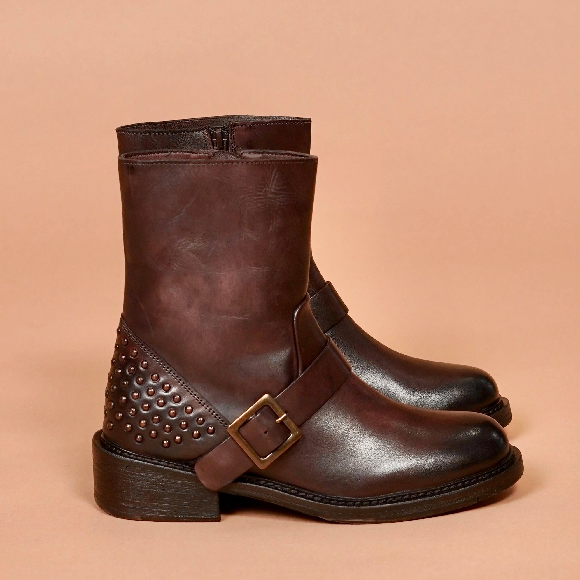 Stivali Donno Bruno Riveto – Brown Leather Studded Women’s Boots | dmodot