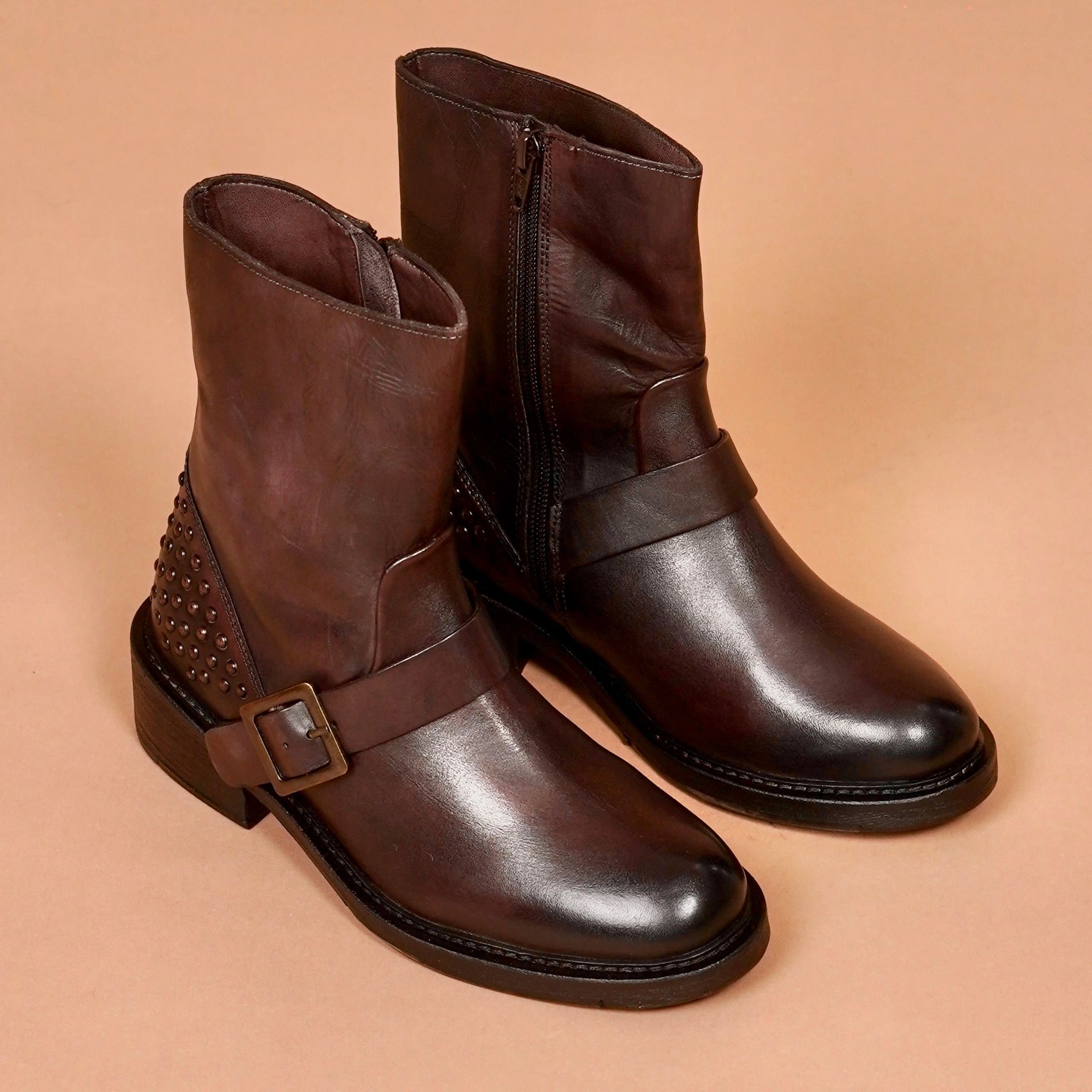 Stivali Donno Bruno Riveto – Brown Leather Studded Women’s Boots | dmodot