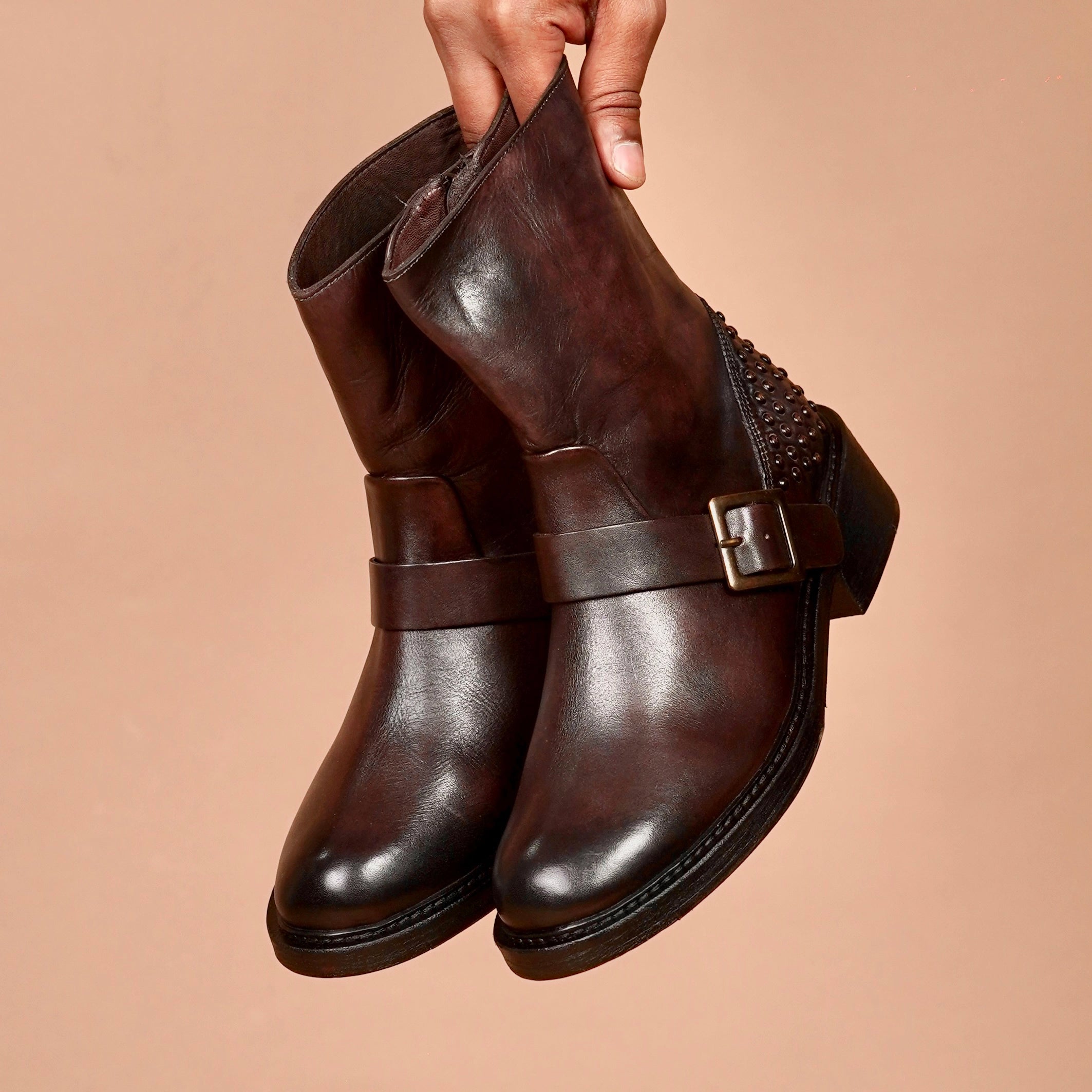 Stivali Donno Bruno Riveto – Brown Leather Studded Women’s Boots | dmodot