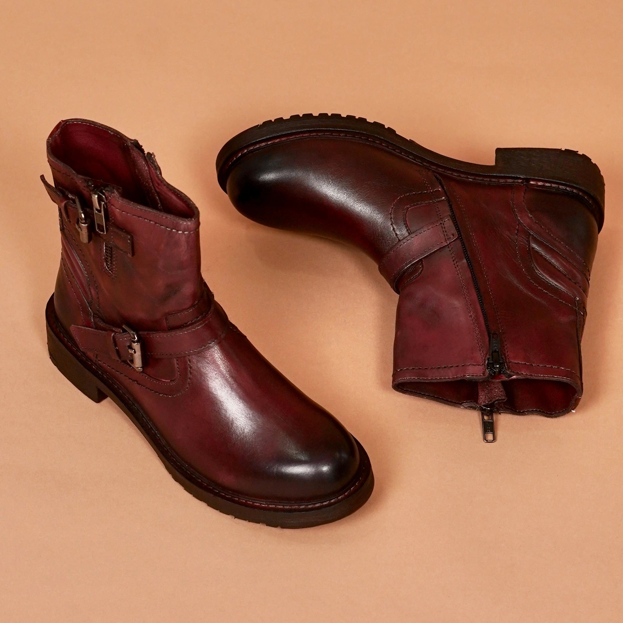 Burgundy moto boots for women by dmodot
