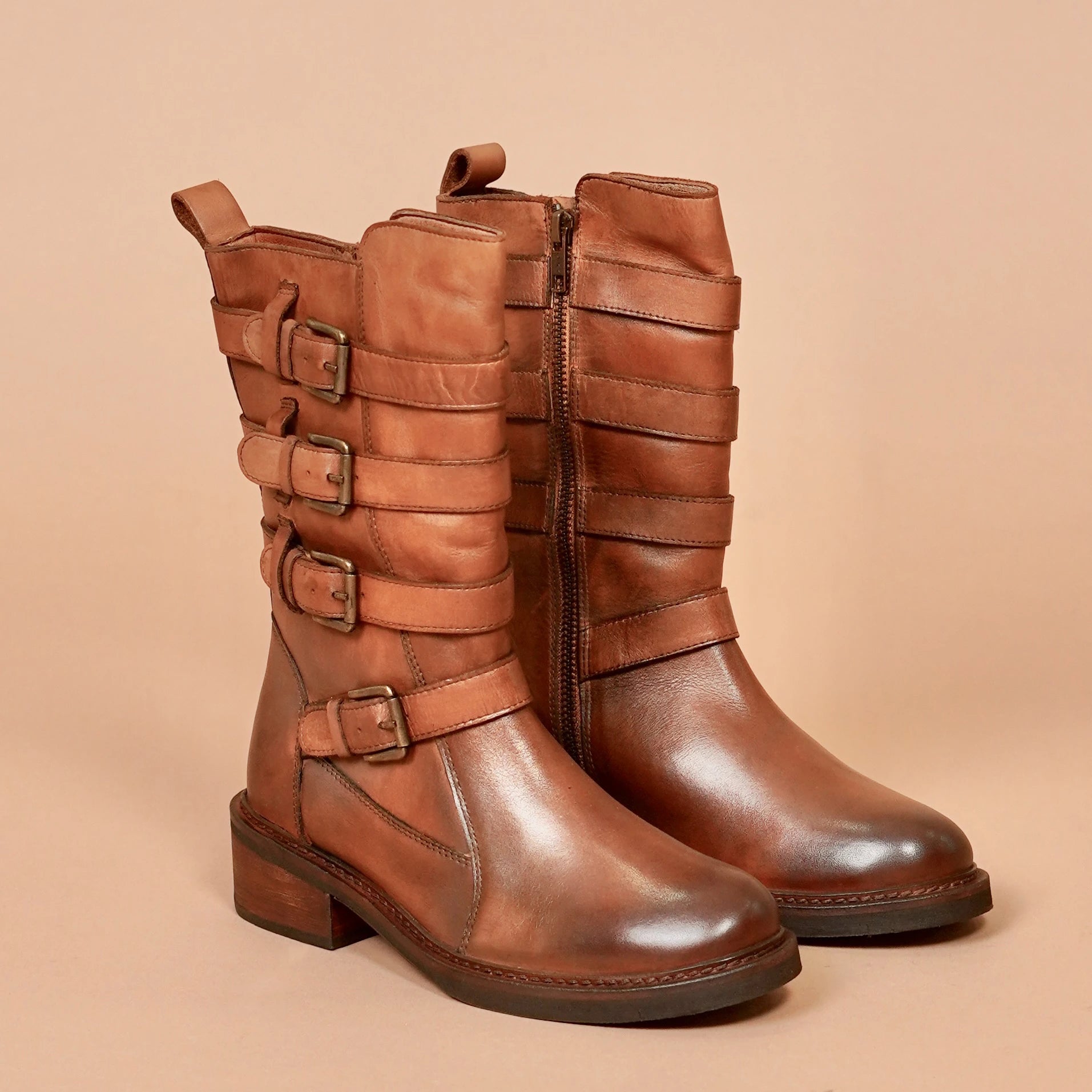 Stivali Donno Cappuccino – tall brown women’s leather boots with buckle straps
