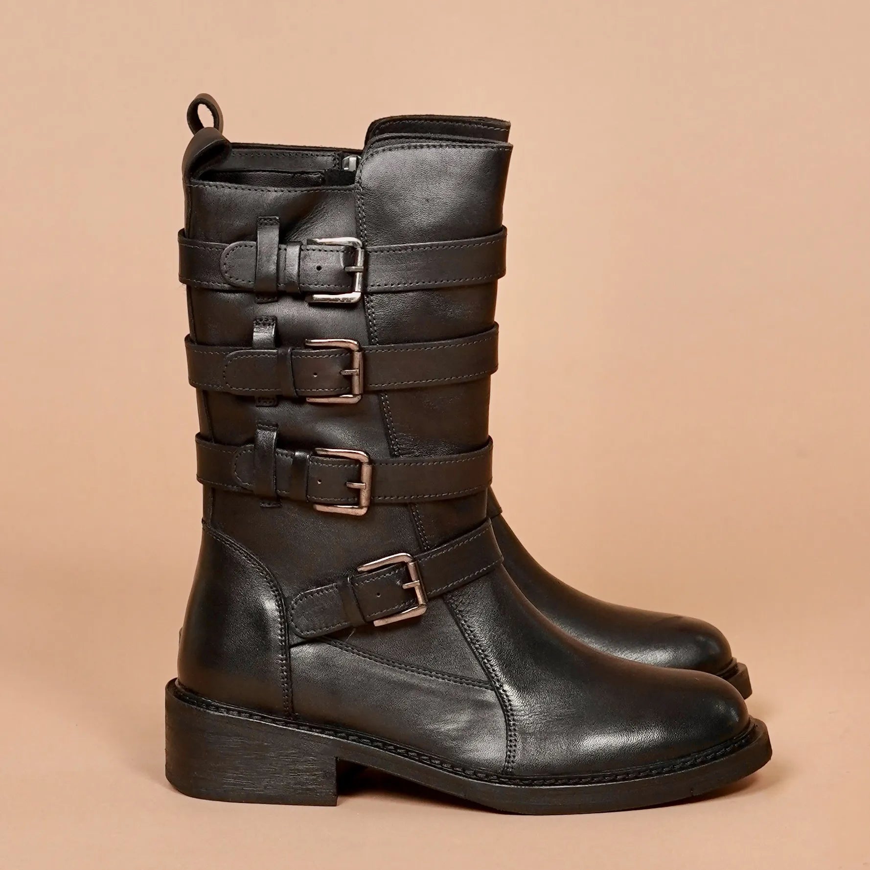 Stivali Donno Scuro – Women's Black Leather Buckled Boots