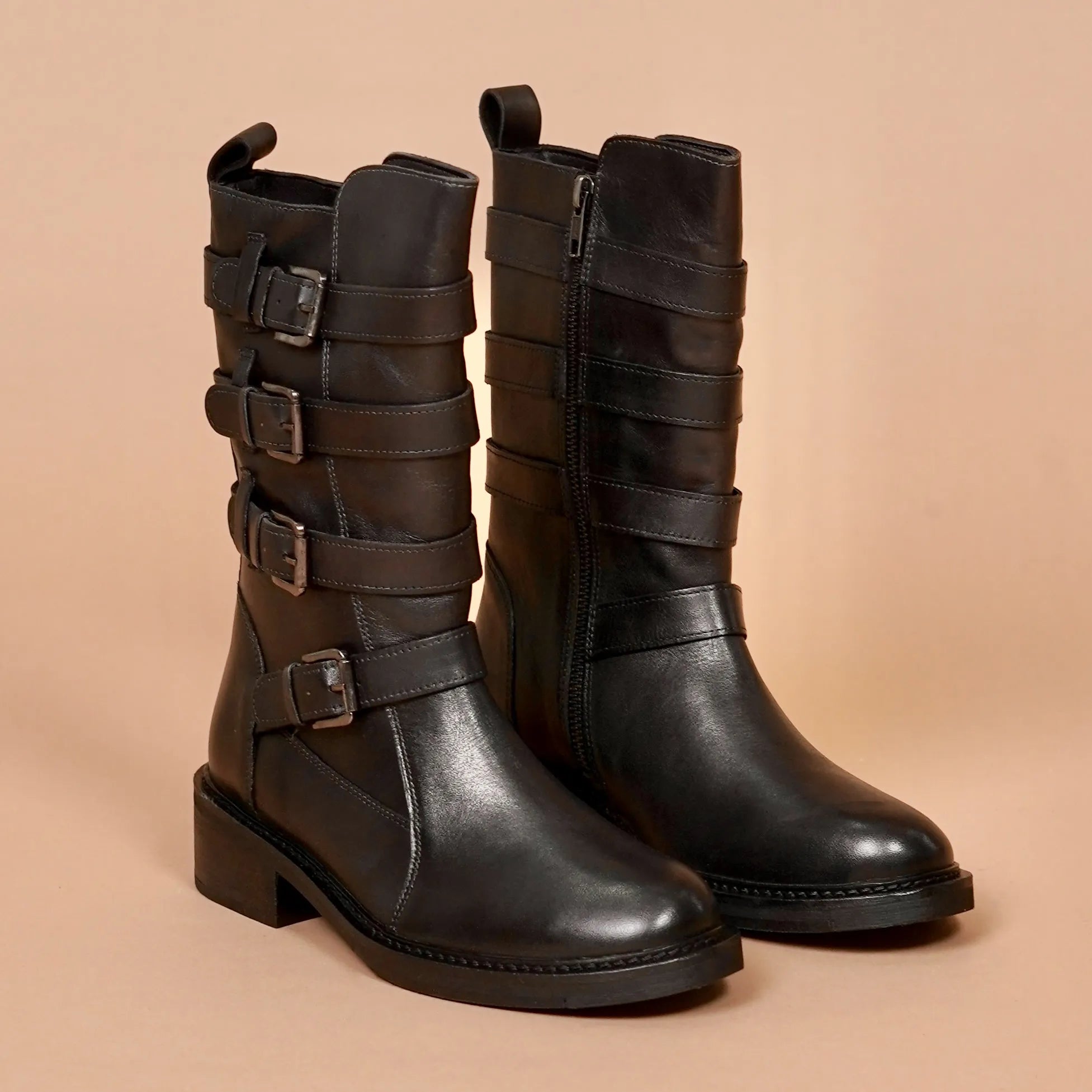 Stivali Donno Scuro – Women's Black Leather Buckled Boots