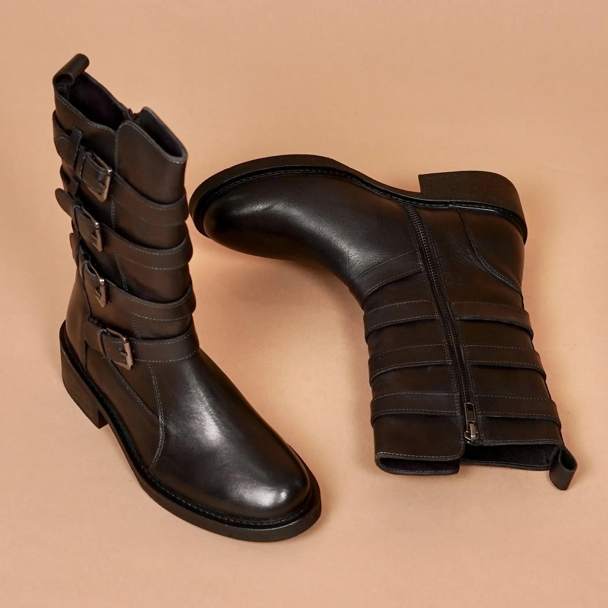 Stivali Donno Scuro – Women's Black Leather Buckled Boots