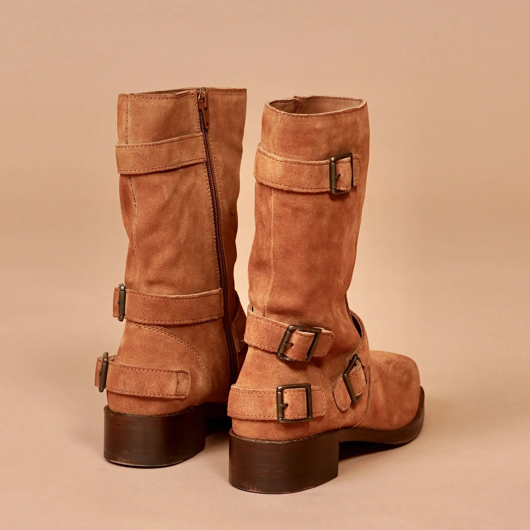 Back Women's tobacco suede mid-calf boots