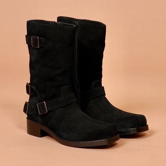 Black suede boots with buckles for women