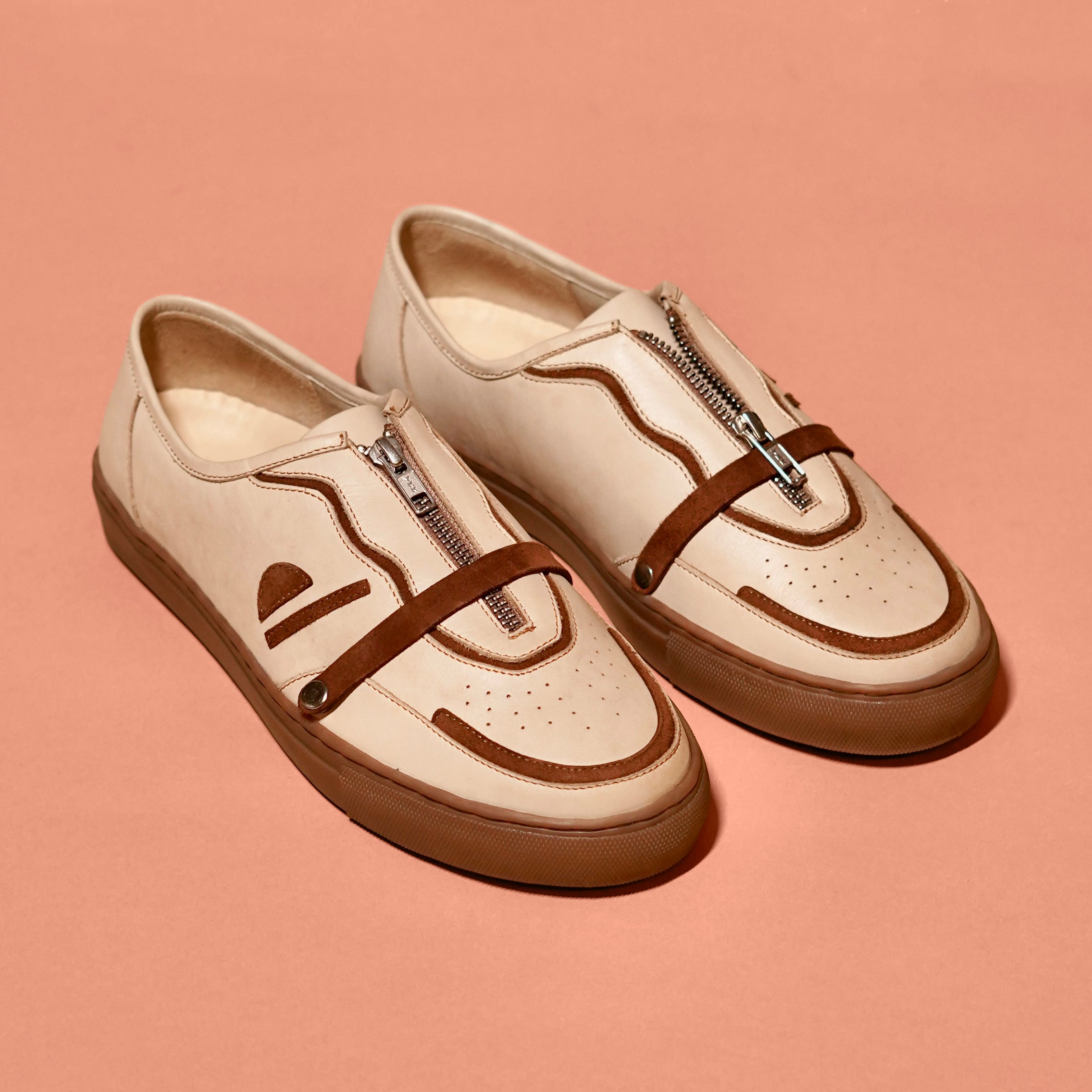 Scarpo Mocha – Cream & Mocha Full Leather Sneaker with Zipper Detail