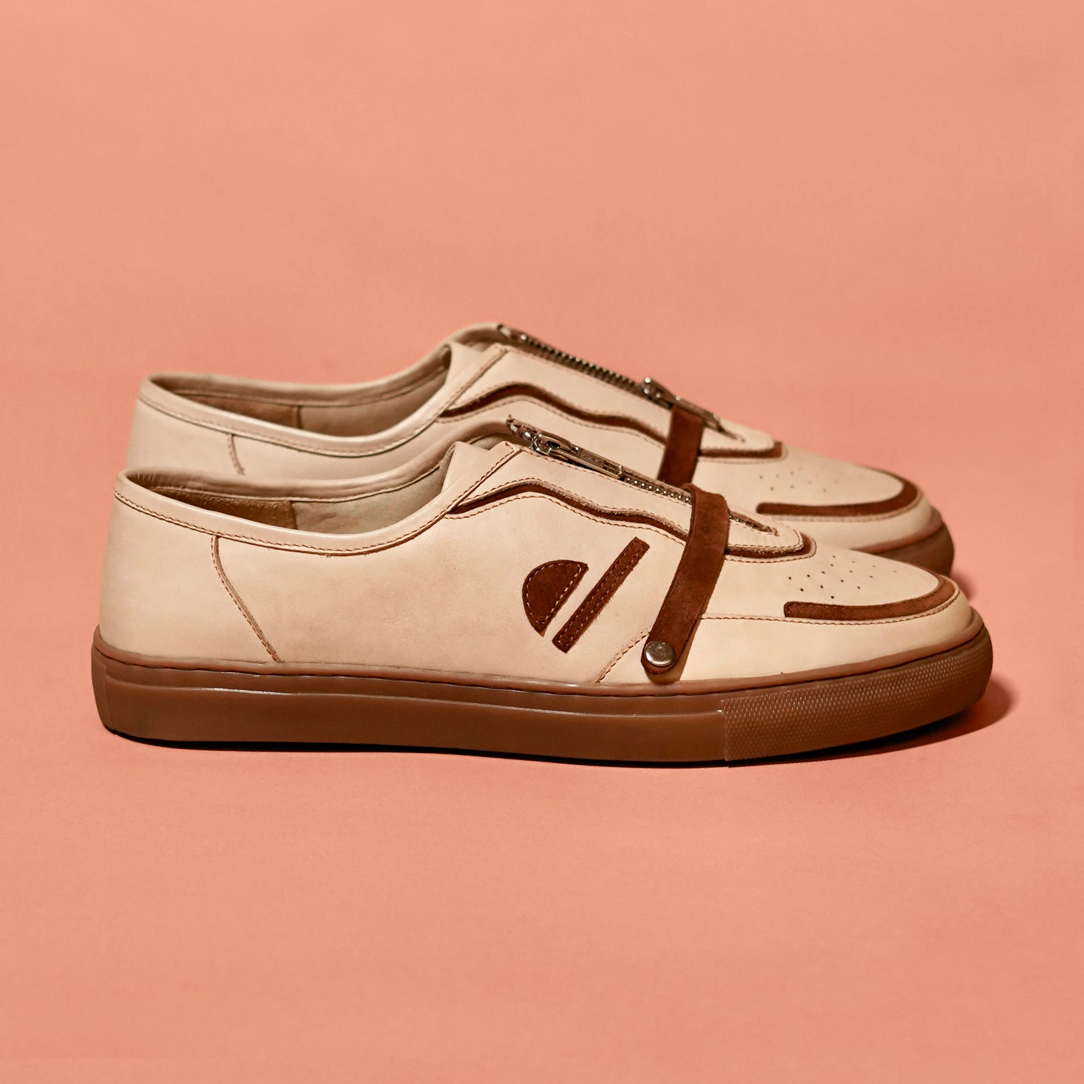 Scarpo Mocha – Cream & Mocha Full Leather Sneaker with Zipper Detail