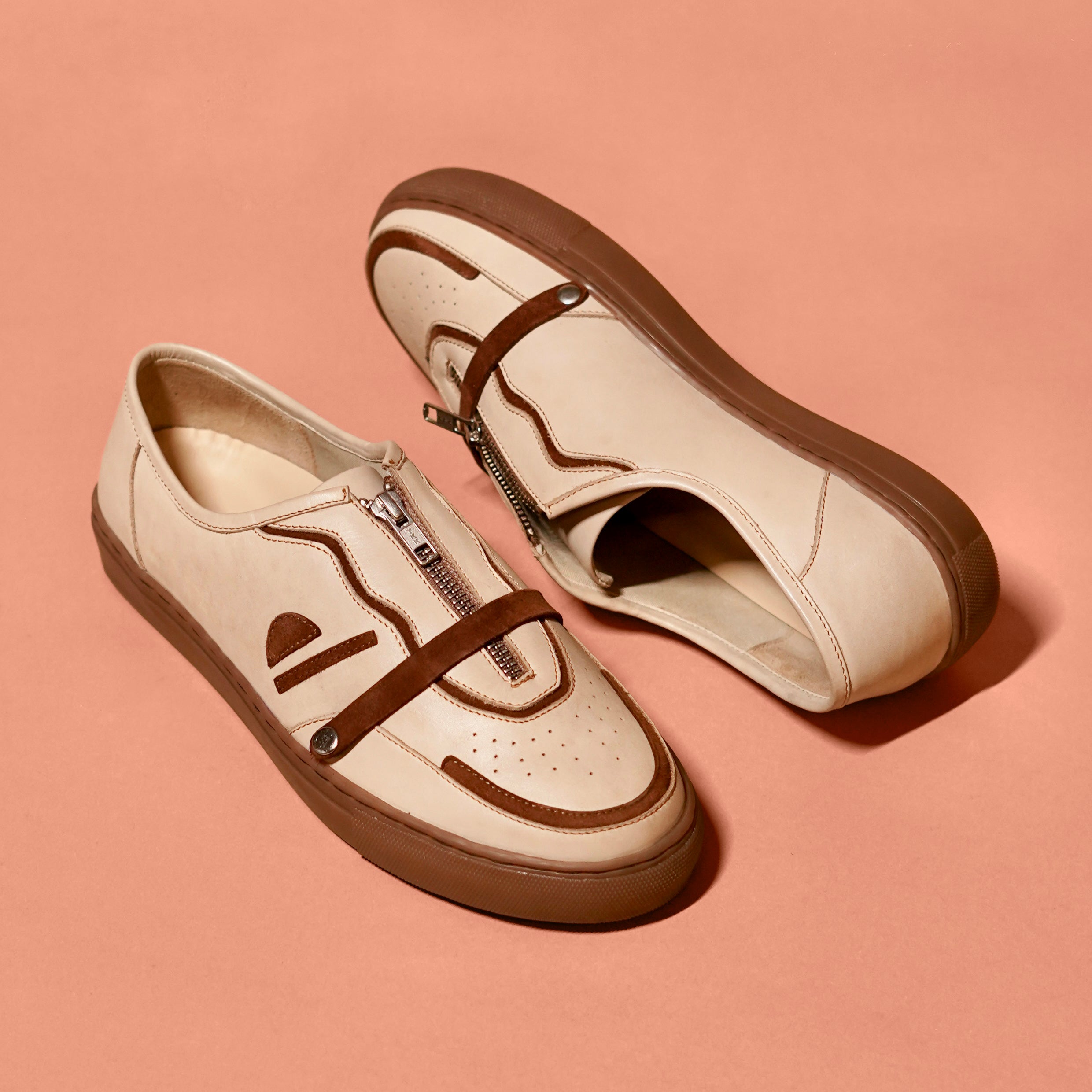 Scarpo Mocha – Cream & Mocha Full Leather Sneaker with Zipper Detail