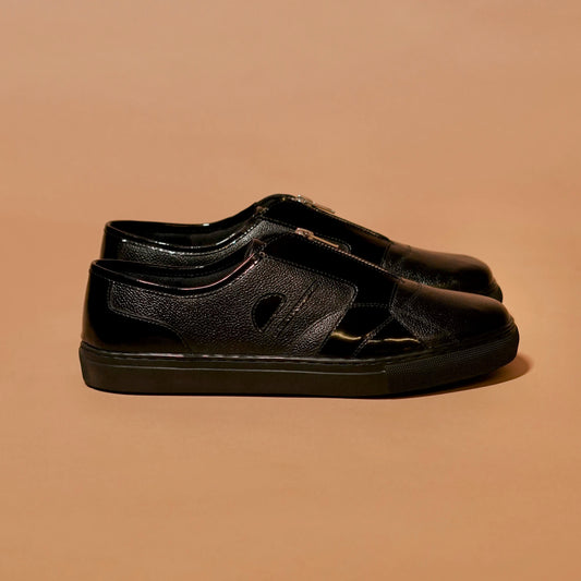 Gloss black leather sneakers for men by dmodot