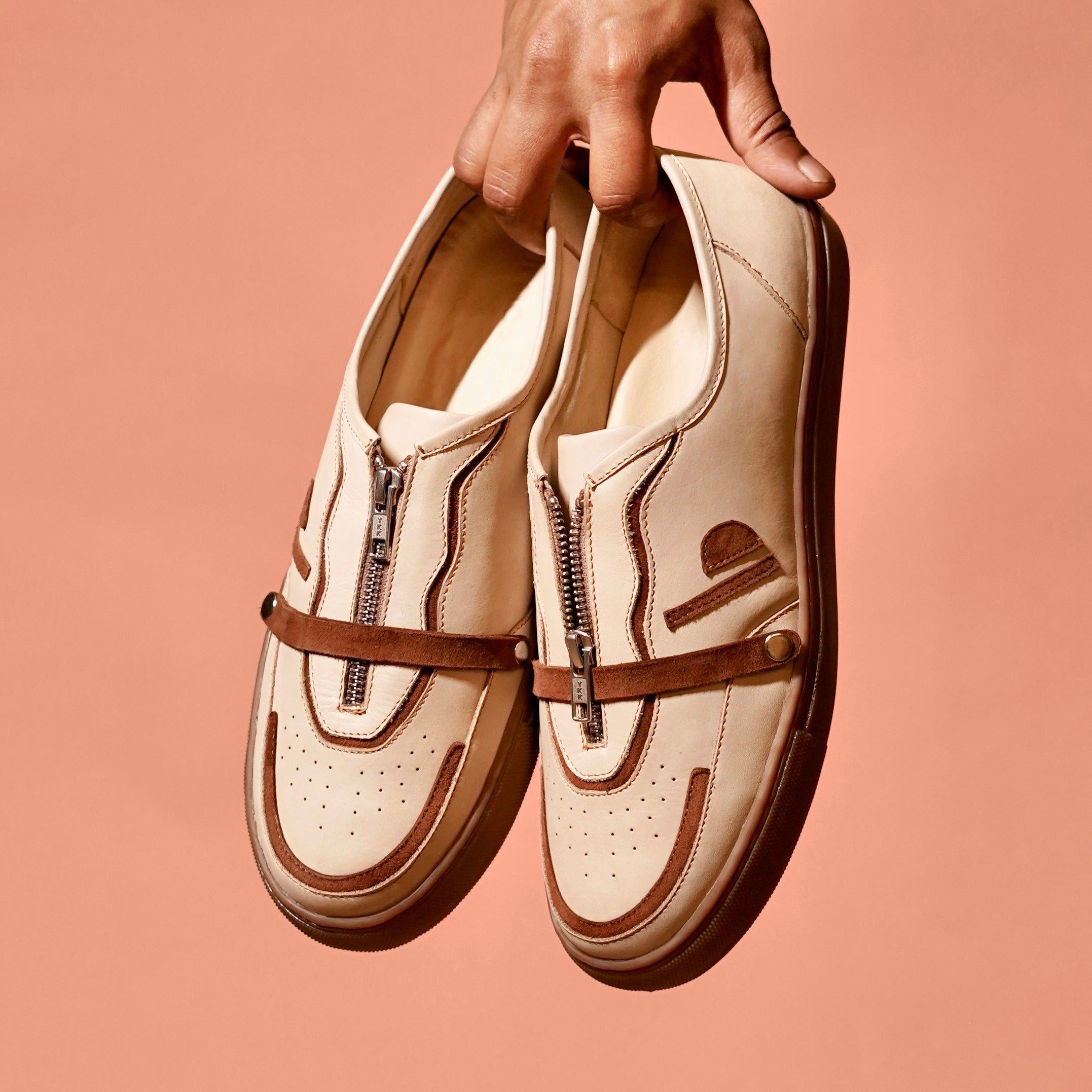 Scarpo Mocha – Cream & Mocha Full Leather Sneaker with Zipper Detail