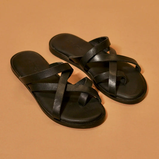 Black full-grain strappy sandal