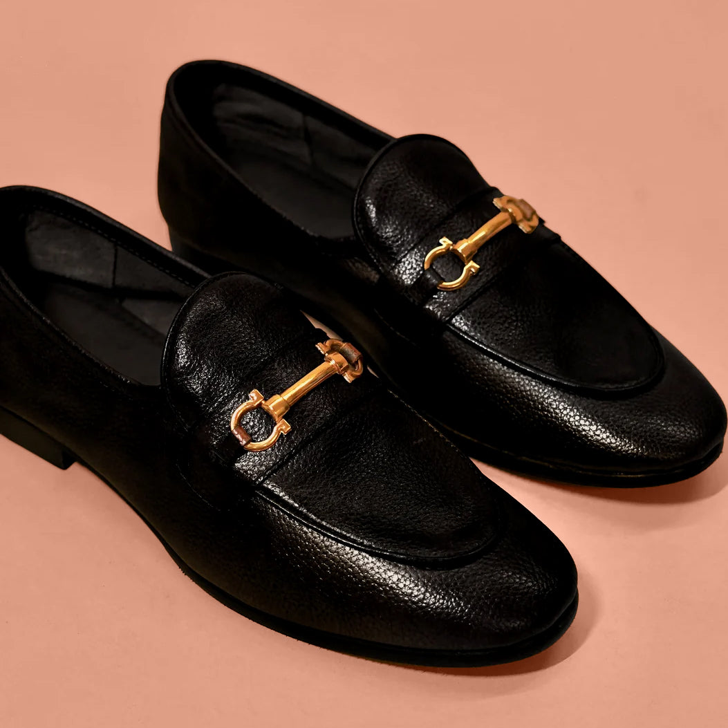 Flexo Nero Fibio – Black Milled Leather Horsebit Loafers for Men