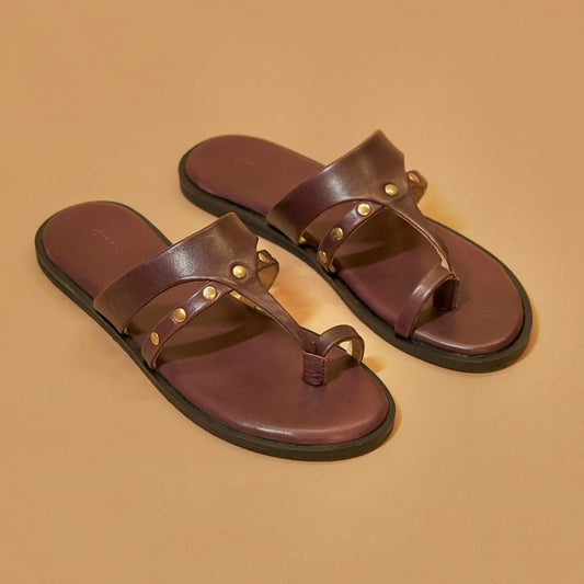 Plum leather Chappals with toe loop and brass studs