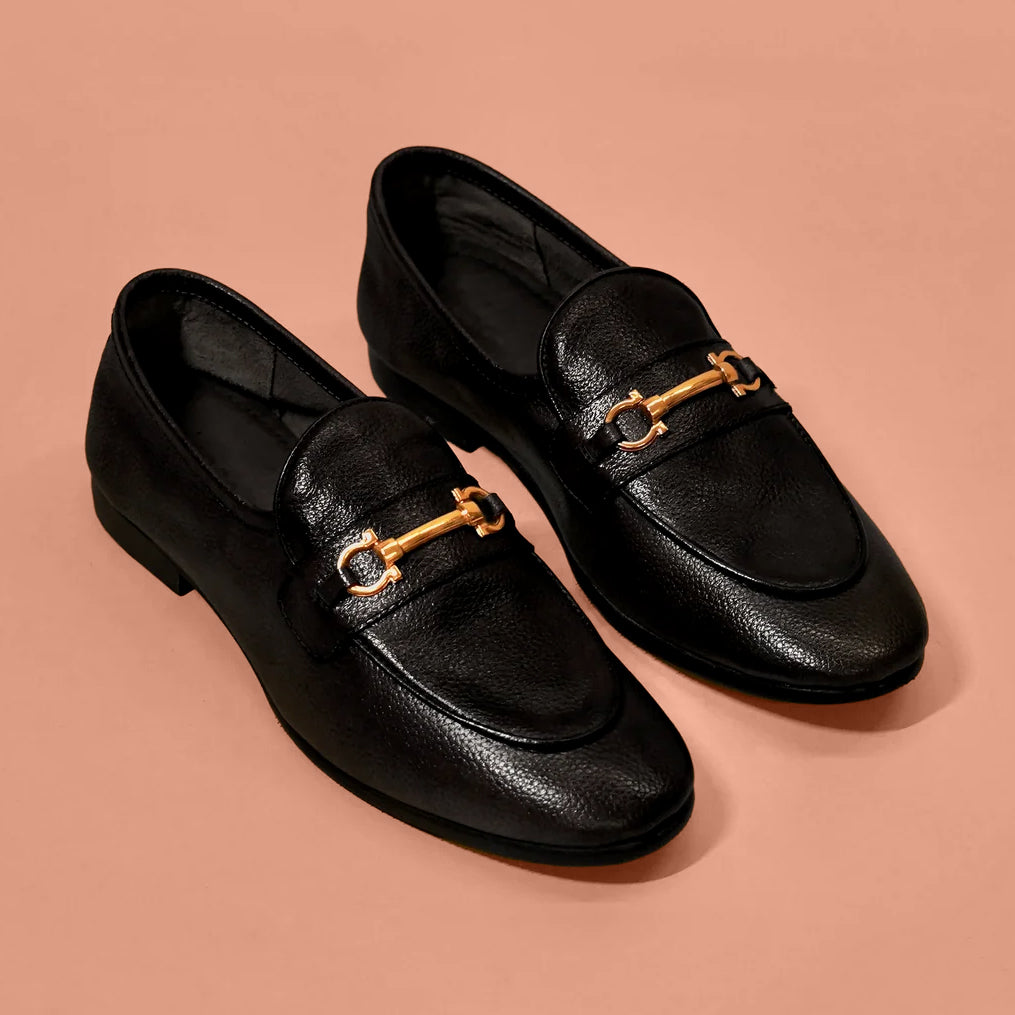 Flexo Nero Fibio – Black Milled Leather Horsebit Loafers for Men