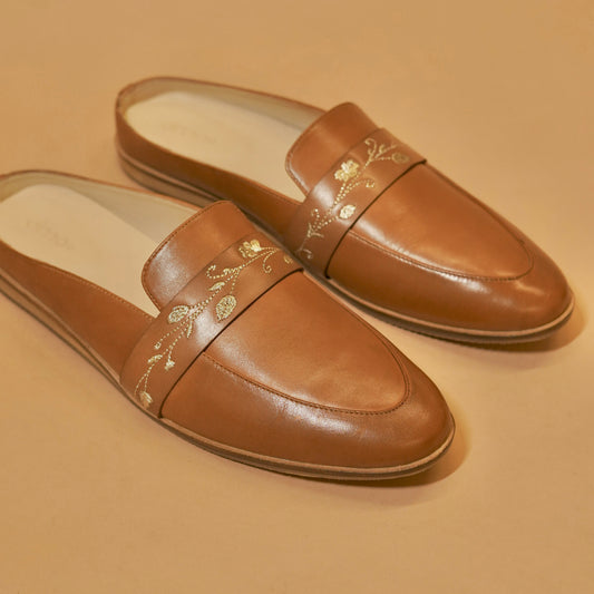 Close-up of embroidery and leather texture