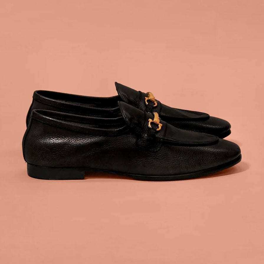 Flexo Nero Fibio – Black Milled Leather Horsebit Loafers for Men