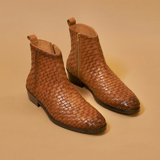 Brown weaved leather boots for men