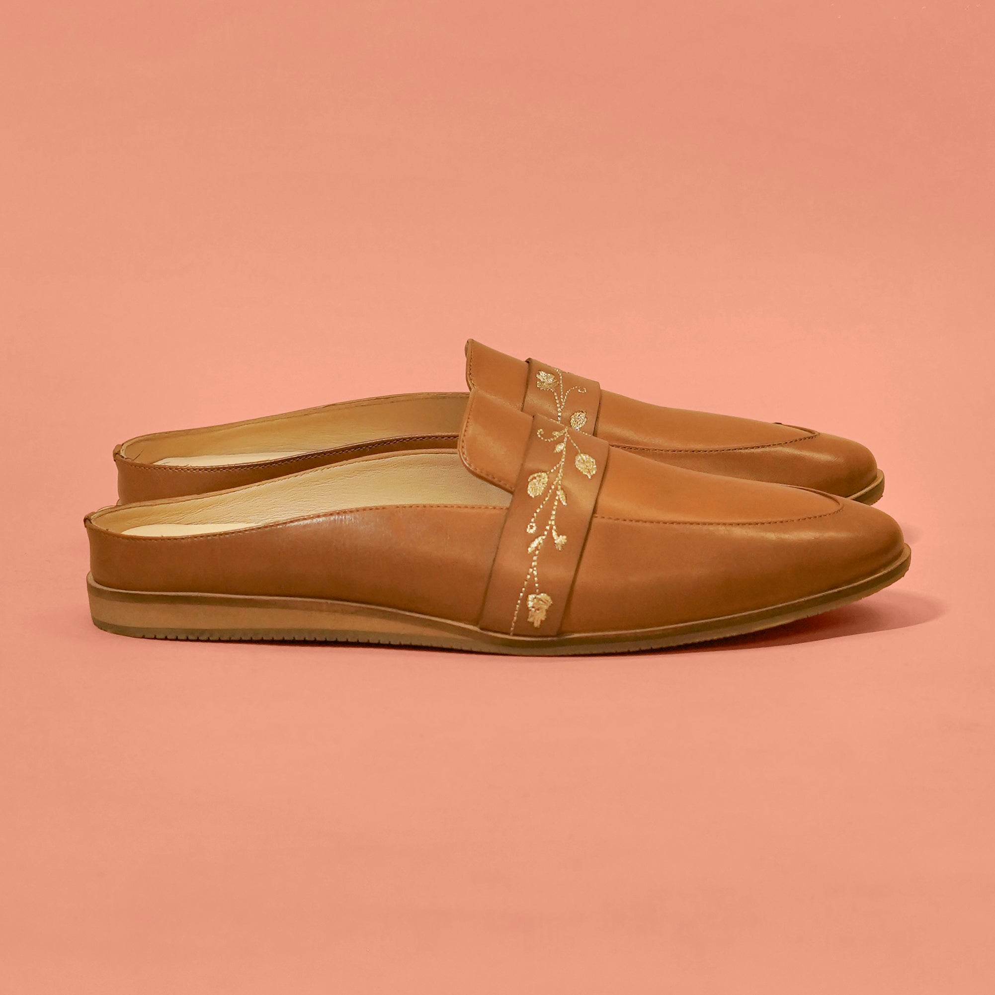 Hoffler Ricamo Cuoio – Tan Embroidered Leather Mules