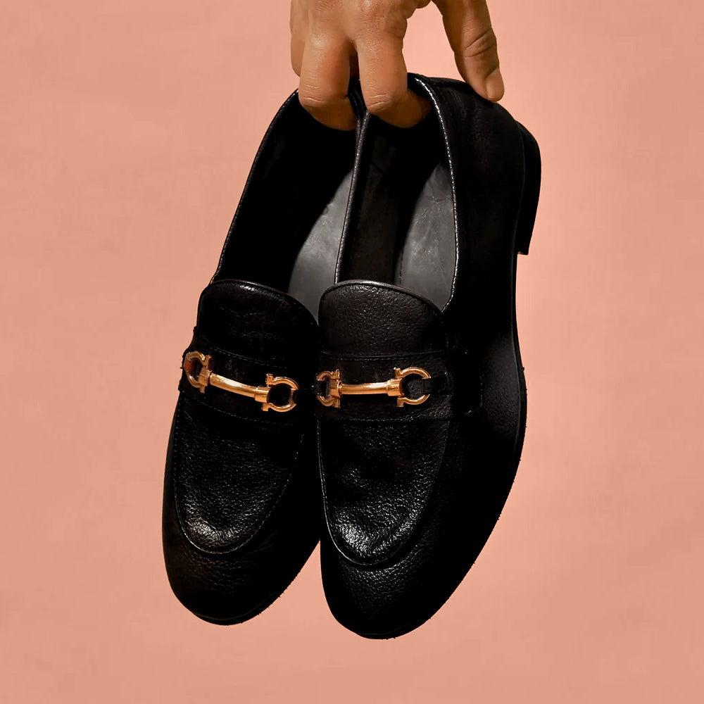 Flexo Nero Fibio – Black Milled Leather Horsebit Loafers for Men