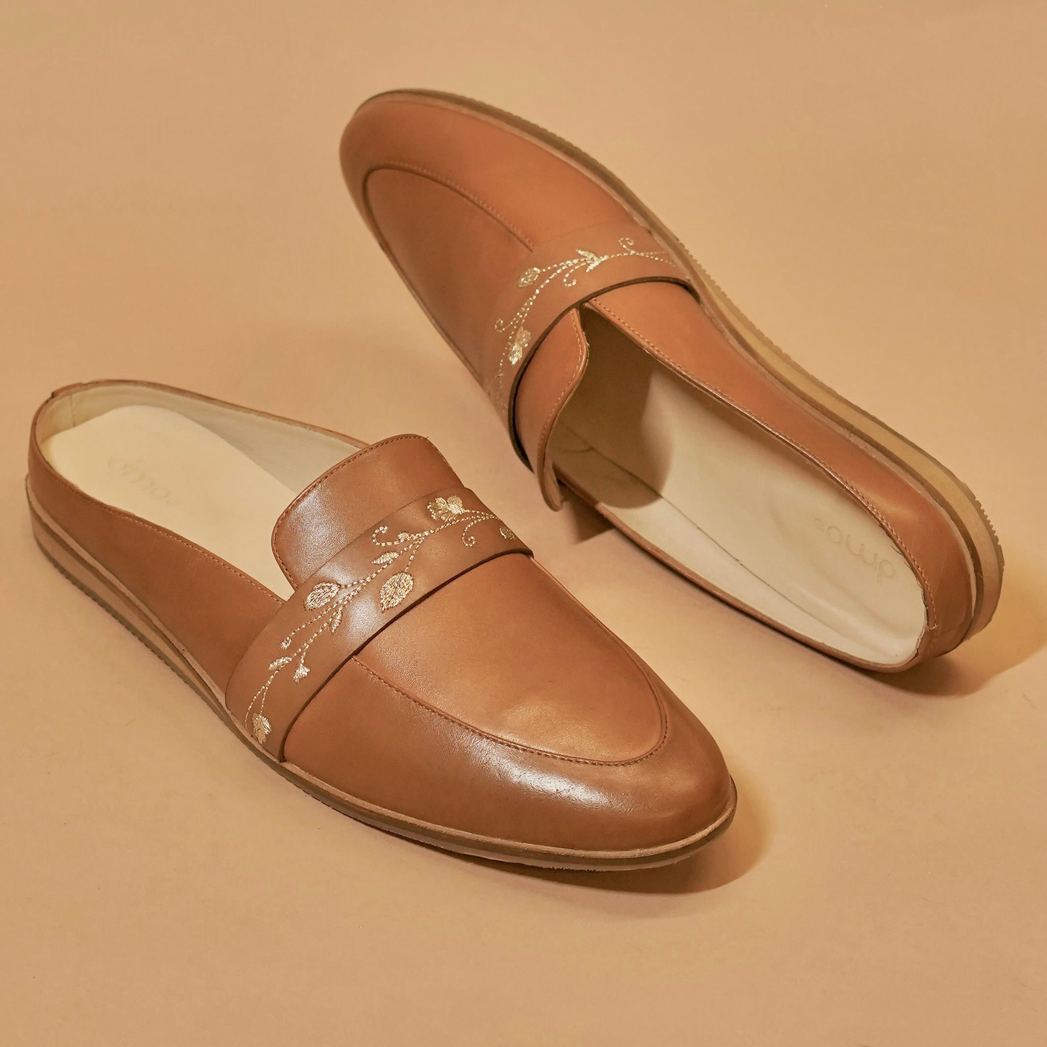 Hoffler Ricamo Cuoio – Tan Embroidered Leather Mules