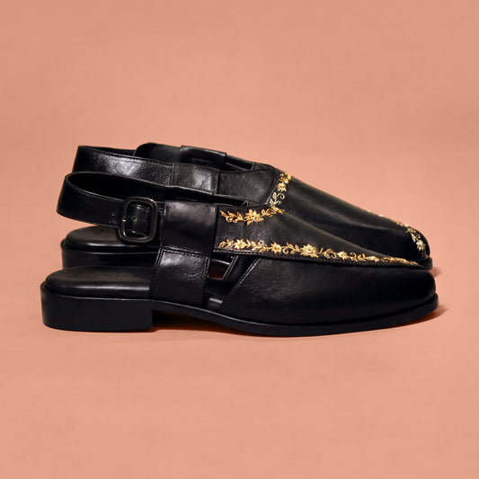 Men's black leather Peshawari with gold embroidery
